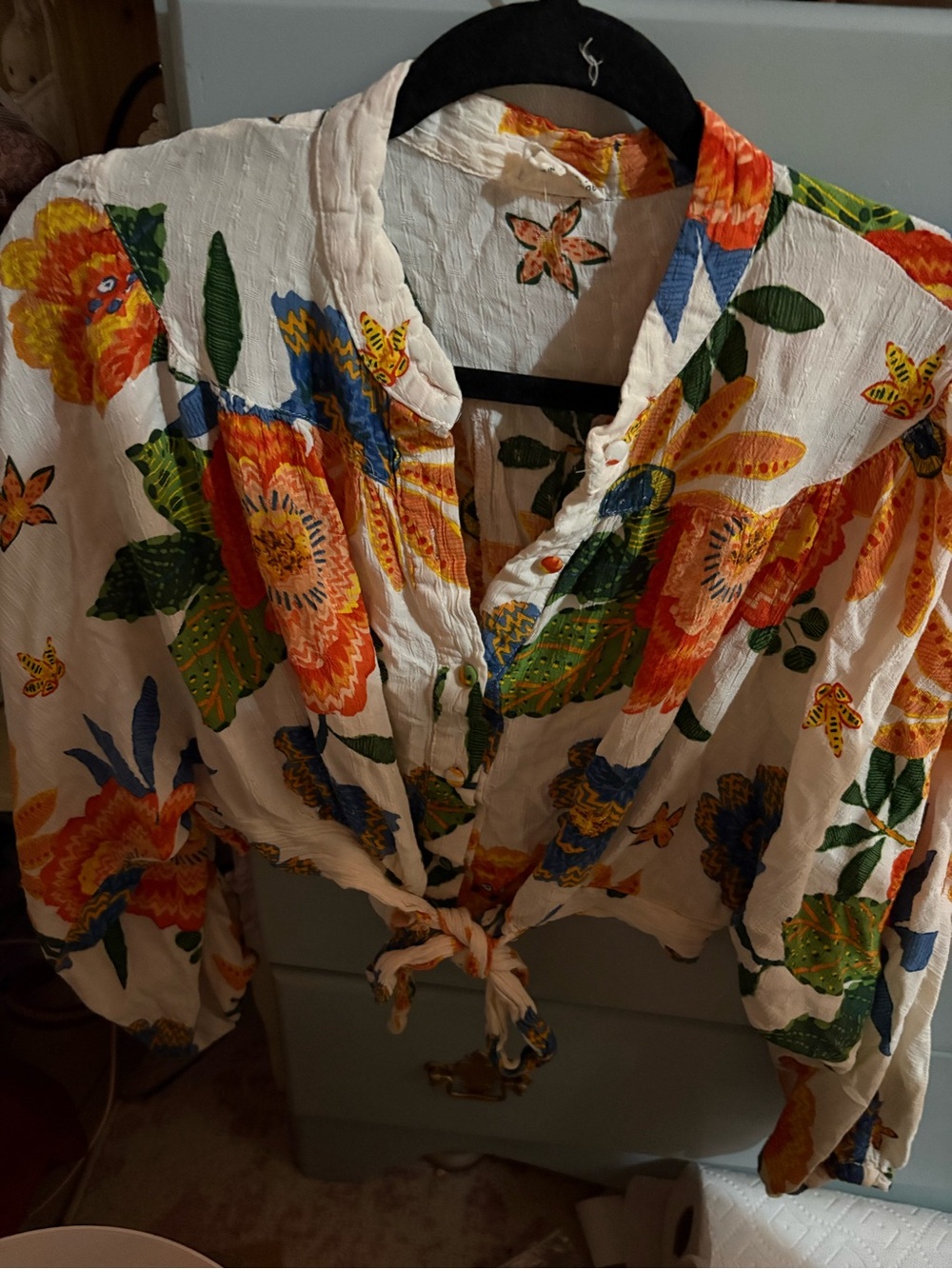 Nicole Miller White Floral Tie-Front Blouse with Orange, Green & Blue Print